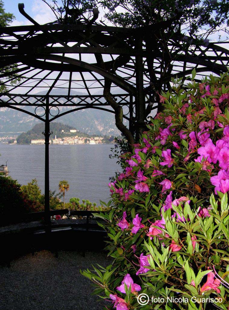 villa carlotta, lago di como a tremezzo con il bersau vista lago con lo sfondo di bellagio