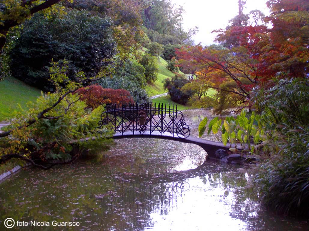ponte o ponticello nello stagno o laghetto giapponese zen nel parco di villa melzi a bellagio sul lago di como